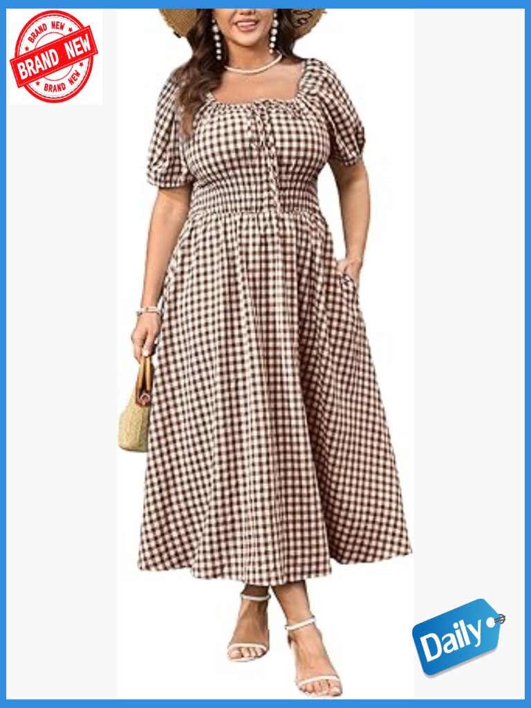 Plus Size Maxi Dress Square Neck Short Sleeve Plaid Tie Front Casual Summer
